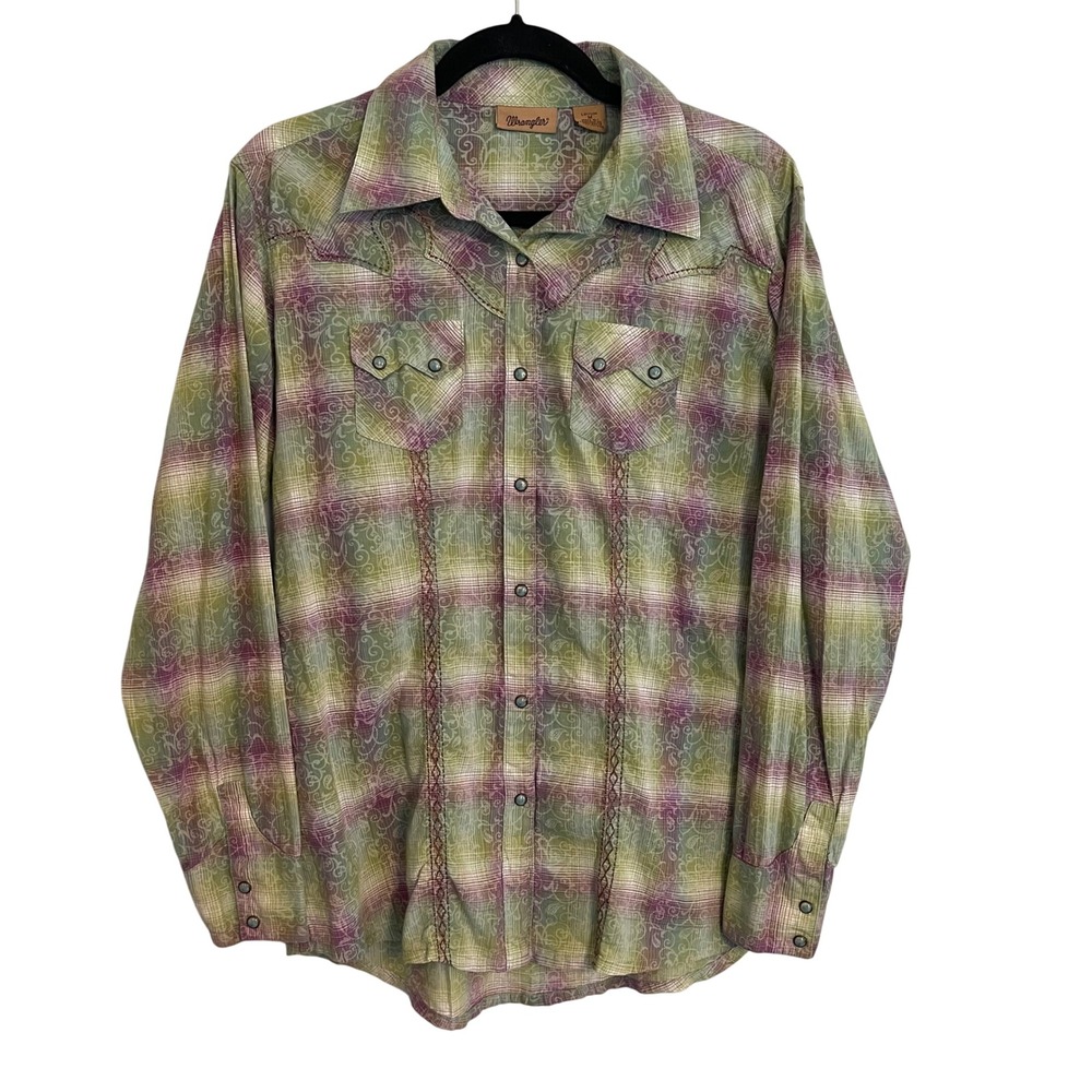 Wrangler Womens Western Snap Shirt Green Purple Plaid Paisley Cross LW1713M M